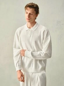 RONVEXI 男士百搭網眼鈕扣半開襟長袖針織衫 - 彩色 - 查看 1