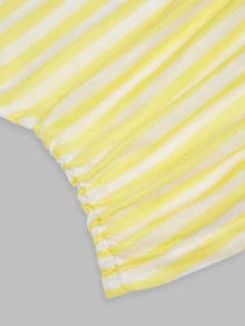 Sweetra Plus Size Striped Asymmetric Neck Spaghetti Strap T-Shirt, Shoulder Exposed, Ruched Waist, Short Length, Sexy Style, Tie Strap, Short Sleeve Top - Yellow - View 6