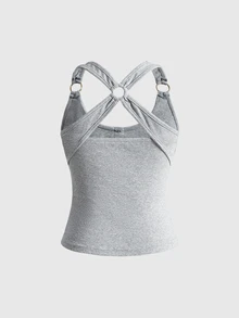 ROMWE Grunge Punk Tank Top Wanita Gaya Navy Motif Foil Abu-abu Vintage dengan Detail Kancing Silang Eyelet - Grey - View 2