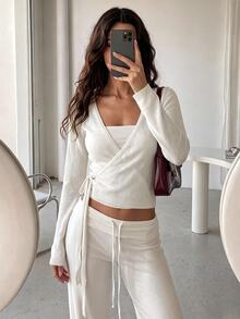 Autumina Women's Streetwear Spring Summer Autumn Solid Color Y2K Minimalist Sexy Style Cinched Waist Tie-Up Sexy Knit Casual Slimming Long Sleeve Cardigan - White - View 6