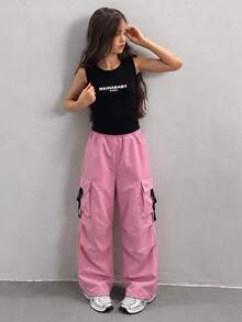 SHEIN Sparklyn 青少年女孩休閒百搭工裝褲 - 粉色 - 查看 3