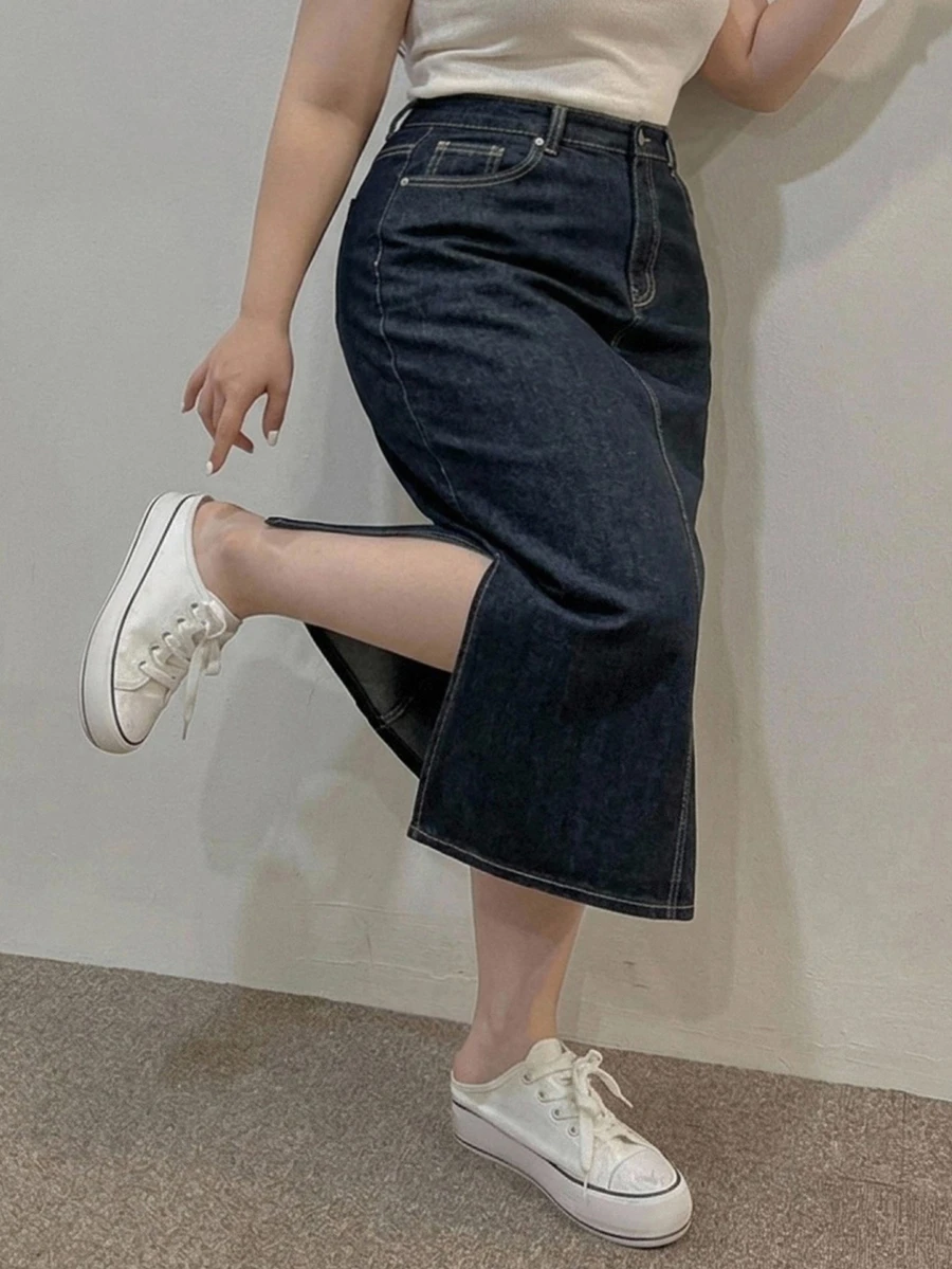 Dazy Plus Rok Denim Panjang Lurus Belahan Bawah Serbaguna Bergaya Vintage, Musim Semi, Musim Panas, Musim Gugur - Dark Wash - View 1