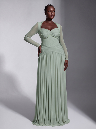Elitara Plus Size Elegant Romantic Fashion Dignified Green Long Sleeve Sheer Elastic Mesh Fabric Beaded Decoration Cup Ultra Large Skirt Elegant Party Dress Wedding Guest Dress Bachelorette Party Dress Formal Evening Gown