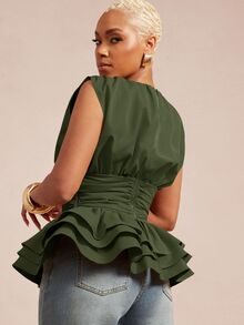 Vixey Solid Woven Round Neck Ruched Sleeveless Layered Peplum Hem Top - Olive Green - View 2