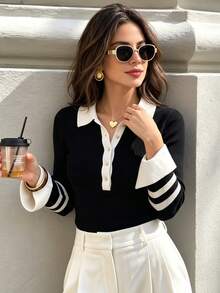 SHEIN PariChic Women Polo Collar Button Front Ribbed Knit Top, Contrast Striped Long Sleeve Flare Cuff Slim Fitted Sweater - Black - View 3