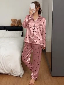 Napfluff Faux Silk Printed Heart Long Sleeve Pants Loungewear - Coral Pink - View 3