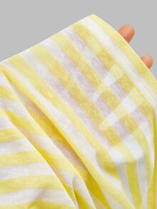 Sweetra Plus Size Striped Asymmetric Neck Spaghetti Strap T-Shirt, Shoulder Exposed, Ruched Waist, Short Length, Sexy Style, Tie Strap, Short Sleeve Top - Yellow - View 9