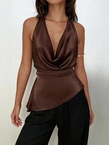 Avenya Draped Neck Draped Waist Adjustable Tie Asymmetrical Hem Top - Brown - View 2