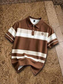Manfinity Hypemode Men's Striped Contrast Color Button Half-Placket Short Sleeve Polo Shirt - Multicolor - View 3