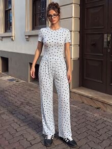 SHEIN PariChic Women's Polka Dot Print Short Sleeve T-Shirt And Long Pants Sports Set - Blue - View 6