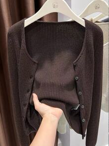 Muvela Cardigan Rajut Wanita Lengan Panjang Warna Polos Kancing Tunggal Kasual Minimalis Dasar Cokelat Tua Musim Gugur - Coffee Brown - View 3