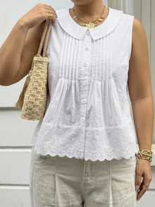 Dazy Plus Plus Size Korean Style Single-Breasted Pleated Tank Top For Dating And Vacation - White - View 4