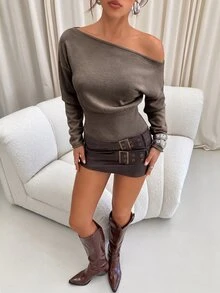 Aloruh Sweater Wanita Lengan Panjang Bergaris Cokelat Model Off-Shoulder untuk Musim Gugur/Dingin - Merah tua - View 5