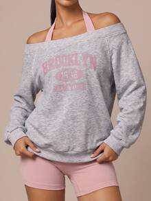 SHEIN BAE Women Grey Pink Letter Print Long Sleeve Sports Sweatshirt Gym Workout Training Running Yoga Athletic Activewear - Light Grey - View 2