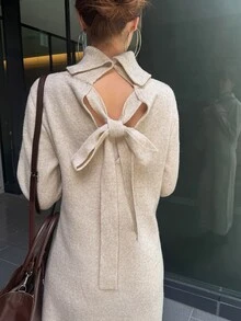 FRIFUL Women's Solid Color High Neck Long Sleeve Casual Knit Dress - Apricot - View 6