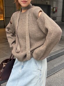 FRIFUL Women's Solid Color Hollow Out Long Sleeve Round Neck Casual Sweater Fall - Khaki - View 3