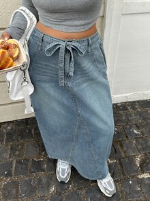 Dazy Plus Autumn High Waist Drawstring Light Blue Washed Slim Straight Long Denim Skirt - Medium Wash - View 6