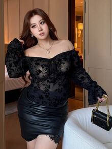 Dazy Plus Plus Size Black Flocked Fabric Off-Shoulder Tie-Front Top, Long Sleeve T-Shirt For Wedding, Party, Vacation, Sexy Style - Black - View 7