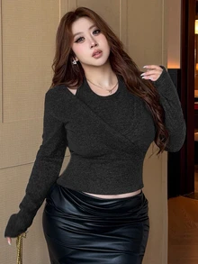 Dazy Plus Solid Color 2 In 1 Halter Neck Elegant Long Sleeve Top, Spring/Autumn New Style - Black - View 6