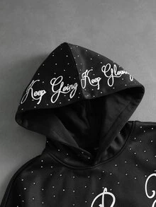 ROMWE MEN Men's Loose Fit Hoodie With Sparkling Rhinestone Print Pattern - Black - View 2