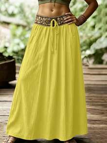 SHEIN Holidaya Damen-Rock mit Wellen-Falten, besticktem Blumenmuster und Band, geeignet für Frühling und Sommer, lässiger Alltag, eleganter Alltag, frischer Stil, Bürooutfit, vielseitiger Freizeitrock, lässige Urlaubs- und Strandkleidung, Country-Musik-Konzert-Outfit, Damen-Sommerurlaubs-Outfit, grüner Rock, Juni-Festival-Party-Rock - Gelb - Übersicht 6
