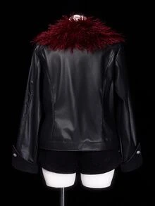 Sunspun Jaket Wanita Ukuran Besar Lengan Panjang Kasual Gaya Gothic Elegan dengan Hiasan Bulu Halus dan Patchwork untuk Musim Gugur, Halloween, Pakaian Tidur, Pakaian Keluar, Warna Hitam - Hitam - View 2