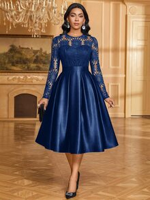 SHEIN Lady Women's Contrast Lace Round Neck Long Sleeve Pleated Design Elegant Midi Dress - Navy Blue - View 7