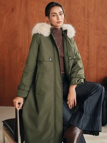 Anewsta Women's Pockets Waist Belt Design Long Sleeve Zipper Front Fur Collar Hooded Long Casual Winter Jack - Army Green - View 1