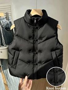SHEIN 女童冬季燈芯絨復古立領拉鍊背心短款加厚棉服外套，經典百搭可愛日常長袖夾克 - 黑色 - 查看 1