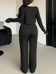 Dazy Plus Setelan 3 Potong Jaket Kardigan Bandeau Pas Badan Warna Polos dan Celana Panjang, Setelan 2 Potong Baru Musim Semi/Gugur - Hitam - View 2