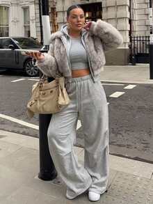 Dazy Plus Casual Loose Streetwear Ruched Design Long Sweatshirt, Spring/Autumn/Winter - Grey - View 2