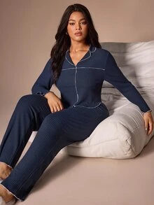 Lazeform Minimalist Contrast Trim Ribbed Plus Size Pajama 2 Pieces Set, Lapel Long Sleeve Cardigan, Soft & Comfortable Loungewear Set - Navy Blue - View 5