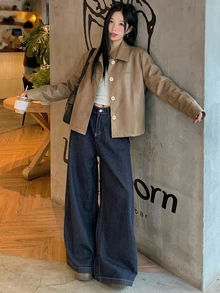 DAZY 女款純色寬鬆短版長袖翻領休閒街頭風韓式春秋PU夾克外套 - 卡其色 - 查看 6