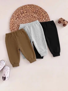 SHEIN 3件組新生兒男嬰字母印花保暖內裡慢跑運動長褲 - 彩色 - 查看 9