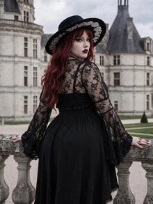 Whyspr Plus Size Autumn/Winter Punk Lace Bell Sleeve Jacket And Asymmetrical Hem Dress 2 Pieces Set - Black - View 3