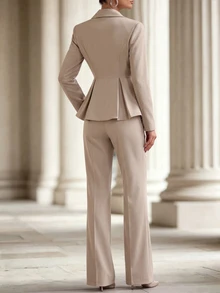 RosyDaze Women's Fashion Minimalist Waist Pleated Lapel Long Sleeve Blazer Suit, Flared Design, Commuter Outfit - Khaki - View 2