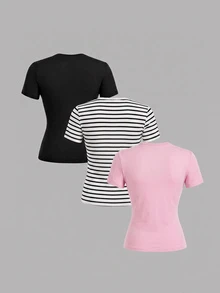 SHEIN EZwear 3件組休閒極簡風女款圓領修身長短袖T恤套裝，95%棉，94%棉條紋 - 彩色 - 查看 2