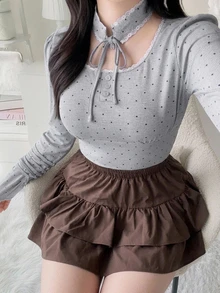 Dazy Plus Korean Style Fitted Polka Dot Pure Desire Halter Neck Tie Long Sleeve Sexy Top T-Shirt Fall - Grey - View 4