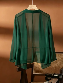 SHEIN Clasi 大尺碼女款休閒雪紡透氣開襟衫 - 墨綠色 - 查看 2