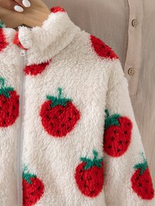 Baby Girl Cute Strawberry Print Teddy Fleece Zip Up Stand Collar Long Sleeve Warm Jacket, Toddler Casual Fall Winter Outerwear - White - View 6