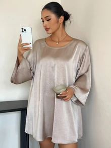 Dazy Plus Satin Loose Elegant Loungewear Short Flare Sleeve Nightgown Spring/Autumn New Style - Khaki - View 5