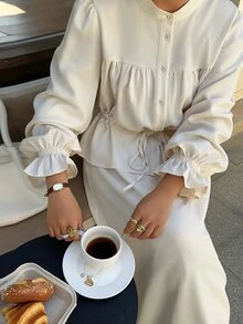 Dazy Plus Plus Size Elegant Cinched Waist Blouse With Flared Sleeves And Skirt, Playful Commuter 2 Pieces Set For Spring And Autumn - Apricot - View 1