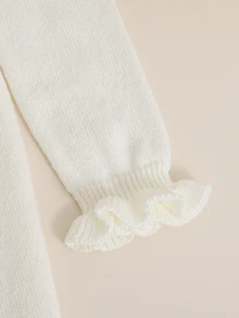SHEIN 女童秋冬休閒保暖內裡加厚毛絨對比色蝴蝶結領荷葉邊長袖拼接喇叭下擺洋裝，奶油白兒童針織洋裝，女童針織洋裝 - 杏色 - 查看 3