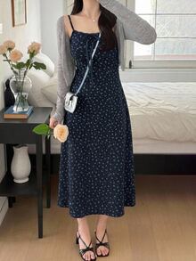 DAZY Women's Solid Color Long Sleeve Open Front Top And Ditsy Floral Cami Dress Elegant 2 Pieces Set Fall - Navy Blue - View 2