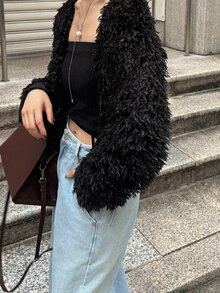 FRIFUL Women's Solid Color Front Tie Short Faux Fur Jacket - Apricot - View 5
