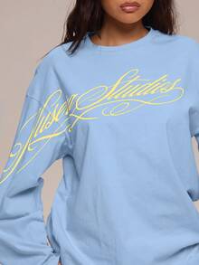MUSERA 白色圖案 Logo 細節長袖上衣 冬季休閒日常舒適穿搭 女款酷白色上衣 - 淺藍色 - 查看 6