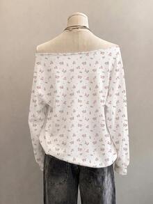 SHEIN EZwear 女款花卉露肩長袖寬鬆休閒衛衣 - 彩色 - 查看 3