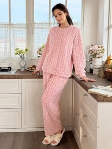 Snug Reverie Bộ đồ ngủ pijama mùa đông màu trơn dệt jacquard nỉ dày dáng rộng tay dài quần dài - Màu Hồng baby - Xem 6
