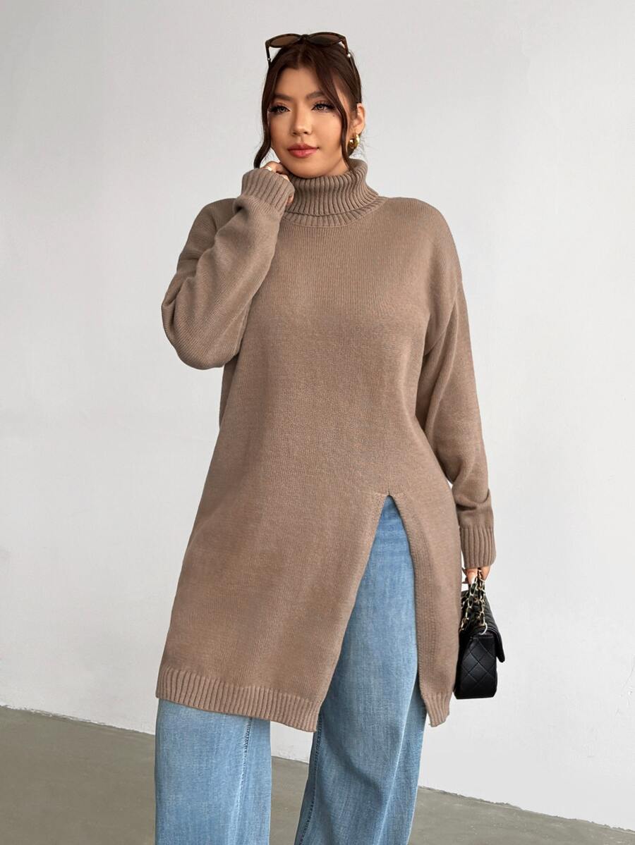 Firerie Plus Size Women Solid Color High Neck Dropped Shoulder Long Sleeve Split Hem Knit Dress - Khaki - View 1