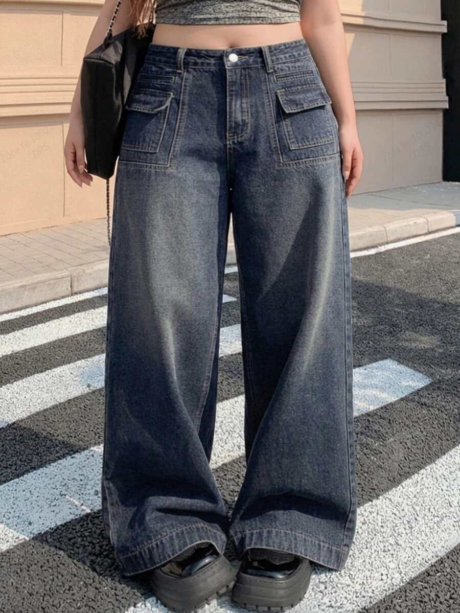 Dazy Plus Vintage Washed Denim Straight Leg Long Jeans, Versatile Casual Streetwear For Girls, Spring/Autumn New Style - Dark Wash - View 1